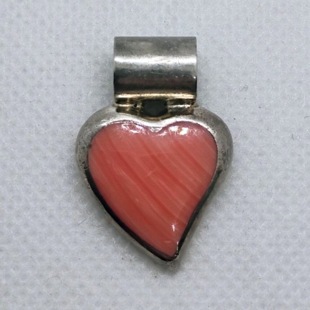 Vtg ATI 925 Mexico Sterling Silver Pink Rhodochrosite Heart Pendant